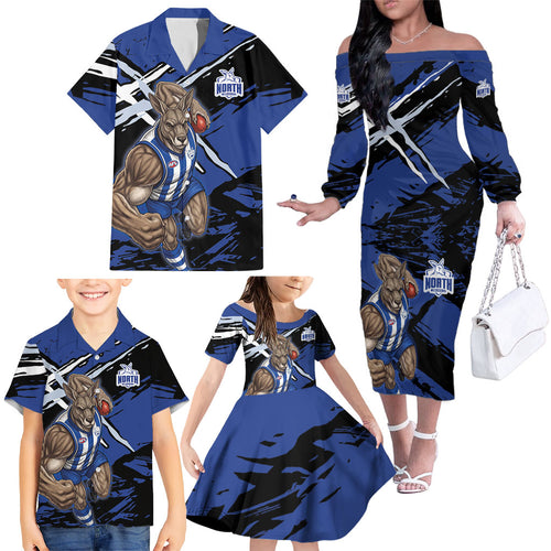 North Melbourne Football Club Family Matching Off The Shoulder Long Sleeve Dress and Hawaiian Shirt Kangaroos Muscular Mascot Graphic - Abstract Paint Splatter Art