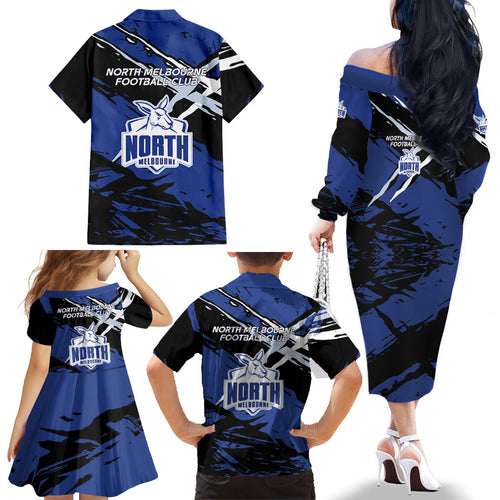 North Melbourne Football Club Family Matching Off The Shoulder Long Sleeve Dress and Hawaiian Shirt Kangaroos Muscular Mascot Graphic - Abstract Paint Splatter Art