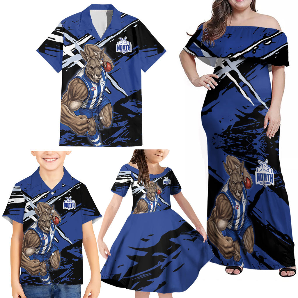 North Melbourne Football Club Family Matching Off Shoulder Maxi Dress and Hawaiian Shirt Kangaroos Muscular Mascot Graphic - Abstract Paint Splatter Art
