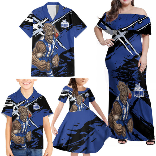 North Melbourne Football Club Family Matching Off Shoulder Maxi Dress and Hawaiian Shirt Kangaroos Muscular Mascot Graphic - Abstract Paint Splatter Art