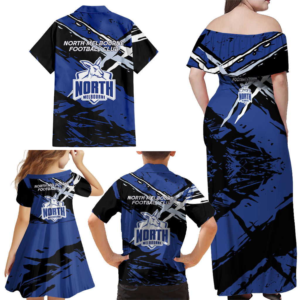 North Melbourne Football Club Family Matching Off Shoulder Maxi Dress and Hawaiian Shirt Kangaroos Muscular Mascot Graphic - Abstract Paint Splatter Art