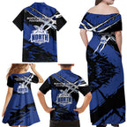 North Melbourne Football Club Family Matching Off Shoulder Maxi Dress and Hawaiian Shirt Kangaroos Muscular Mascot Graphic - Abstract Paint Splatter Art