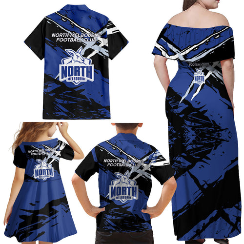North Melbourne Football Club Family Matching Off Shoulder Maxi Dress and Hawaiian Shirt Kangaroos Muscular Mascot Graphic - Abstract Paint Splatter Art