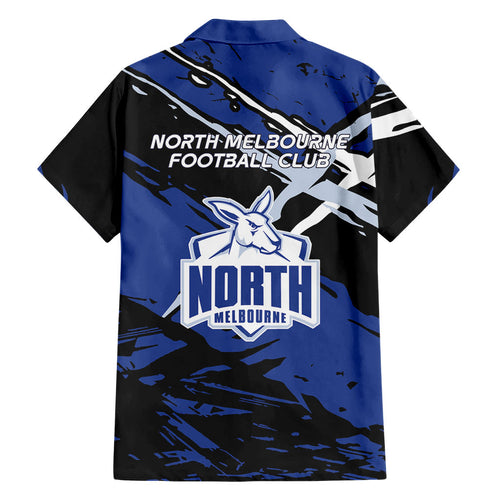 North Melbourne Football Club Family Matching Off Shoulder Maxi Dress and Hawaiian Shirt Kangaroos Muscular Mascot Graphic - Abstract Paint Splatter Art
