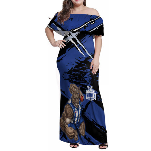 North Melbourne Football Club Family Matching Off Shoulder Maxi Dress and Hawaiian Shirt Kangaroos Muscular Mascot Graphic - Abstract Paint Splatter Art