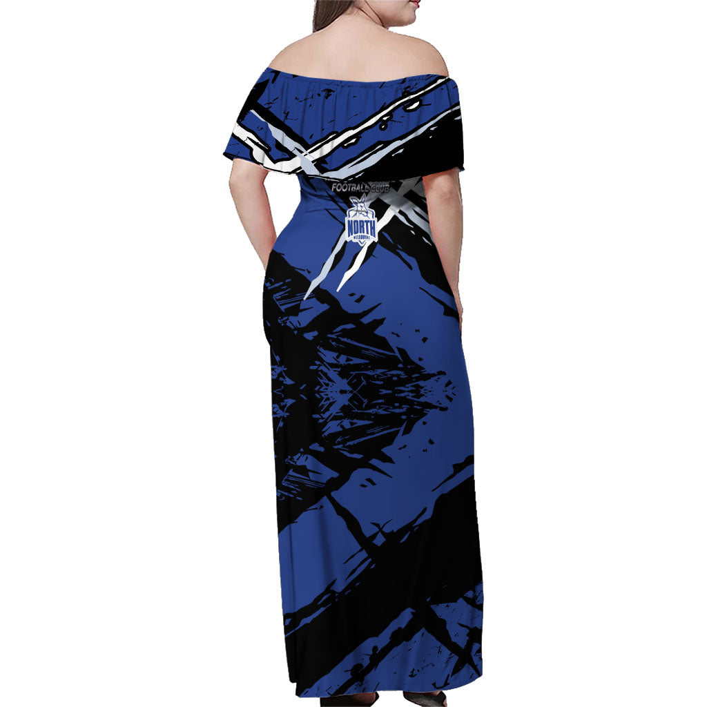 North Melbourne Football Club Family Matching Off Shoulder Maxi Dress and Hawaiian Shirt Kangaroos Muscular Mascot Graphic - Abstract Paint Splatter Art