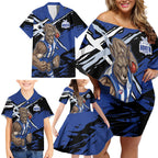 North Melbourne Football Club Family Matching Off Shoulder Short Dress and Hawaiian Shirt Kangaroos Muscular Mascot Graphic - Abstract Paint Splatter Art