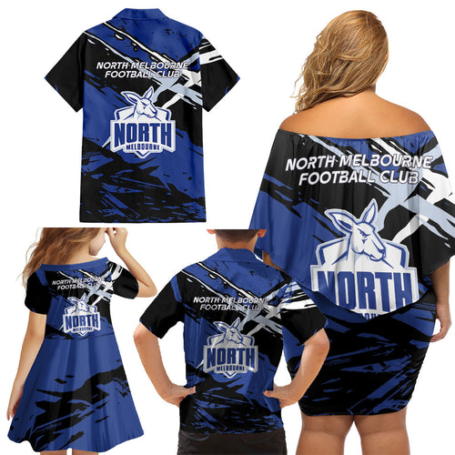 North Melbourne Football Club Family Matching Off Shoulder Short Dress and Hawaiian Shirt Kangaroos Muscular Mascot Graphic - Abstract Paint Splatter Art