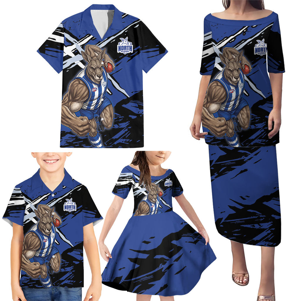 North Melbourne Football Club Family Matching Puletasi and Hawaiian Shirt Kangaroos Muscular Mascot Graphic - Abstract Paint Splatter Art