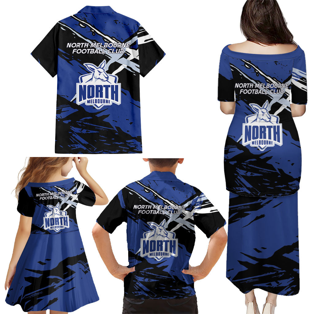 North Melbourne Football Club Family Matching Puletasi and Hawaiian Shirt Kangaroos Muscular Mascot Graphic - Abstract Paint Splatter Art