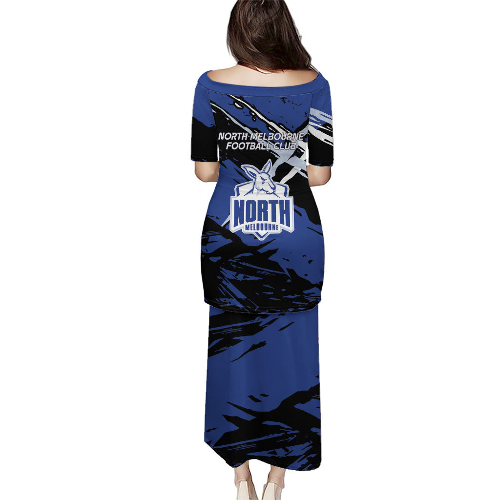 North Melbourne Football Club Family Matching Puletasi and Hawaiian Shirt Kangaroos Muscular Mascot Graphic - Abstract Paint Splatter Art