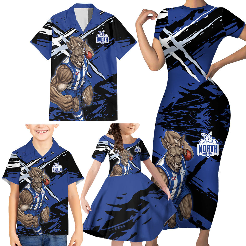 North Melbourne Football Club Family Matching Short Sleeve Bodycon Dress and Hawaiian Shirt Kangaroos Muscular Mascot Graphic - Abstract Paint Splatter Art