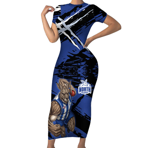 North Melbourne Football Club Family Matching Short Sleeve Bodycon Dress and Hawaiian Shirt Kangaroos Muscular Mascot Graphic - Abstract Paint Splatter Art