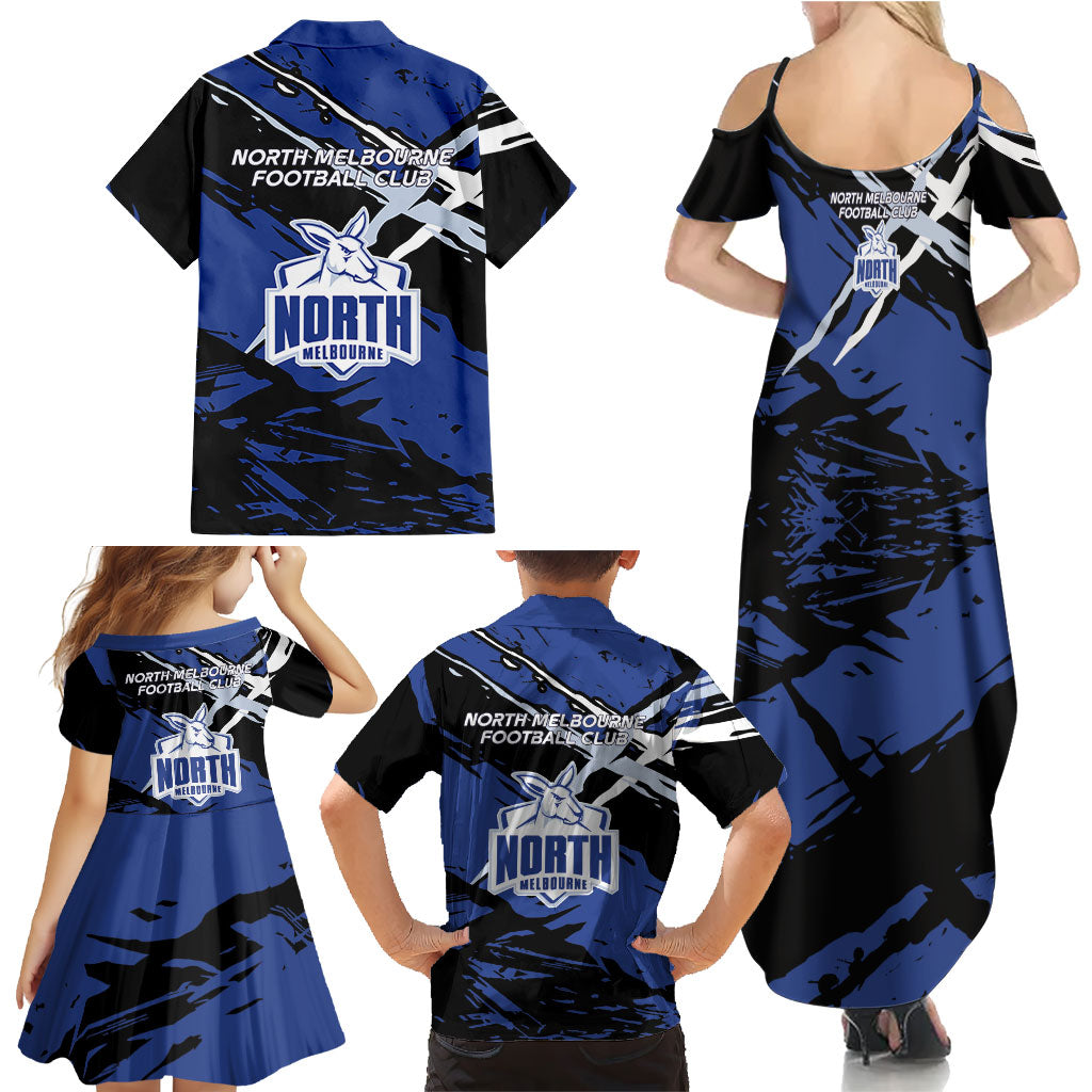 North Melbourne Football Club Family Matching Summer Maxi Dress and Hawaiian Shirt Kangaroos Muscular Mascot Graphic - Abstract Paint Splatter Art