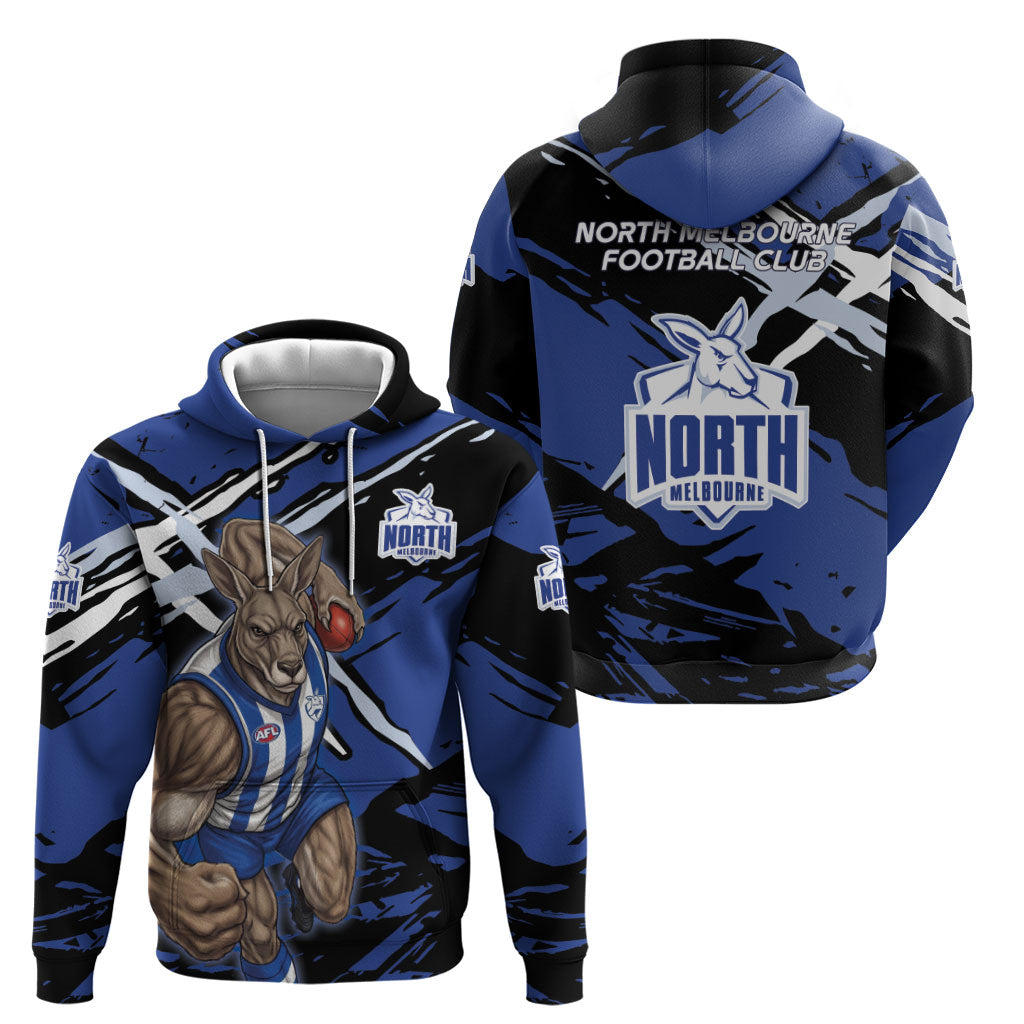 North Melbourne Football Club Hoodie Kangaroos Muscular Mascot Graphic - Abstract Paint Splatter Art