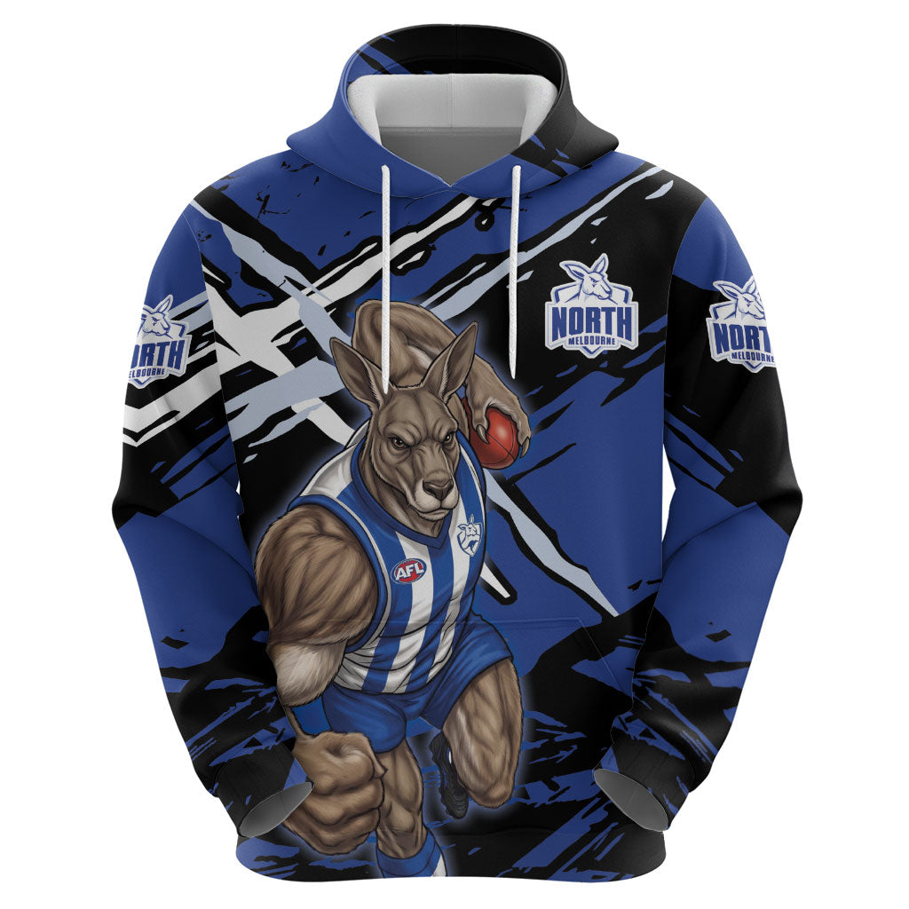 North Melbourne Football Club Hoodie Kangaroos Muscular Mascot Graphic - Abstract Paint Splatter Art