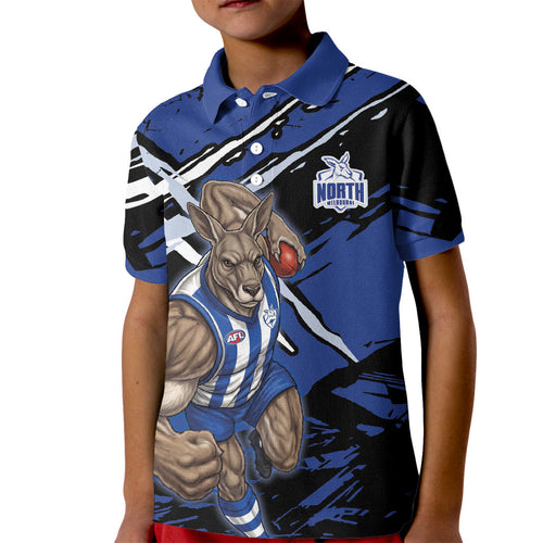 North Melbourne Football Club Kid Polo Shirt Kangaroos Muscular Mascot Graphic - Abstract Paint Splatter Art