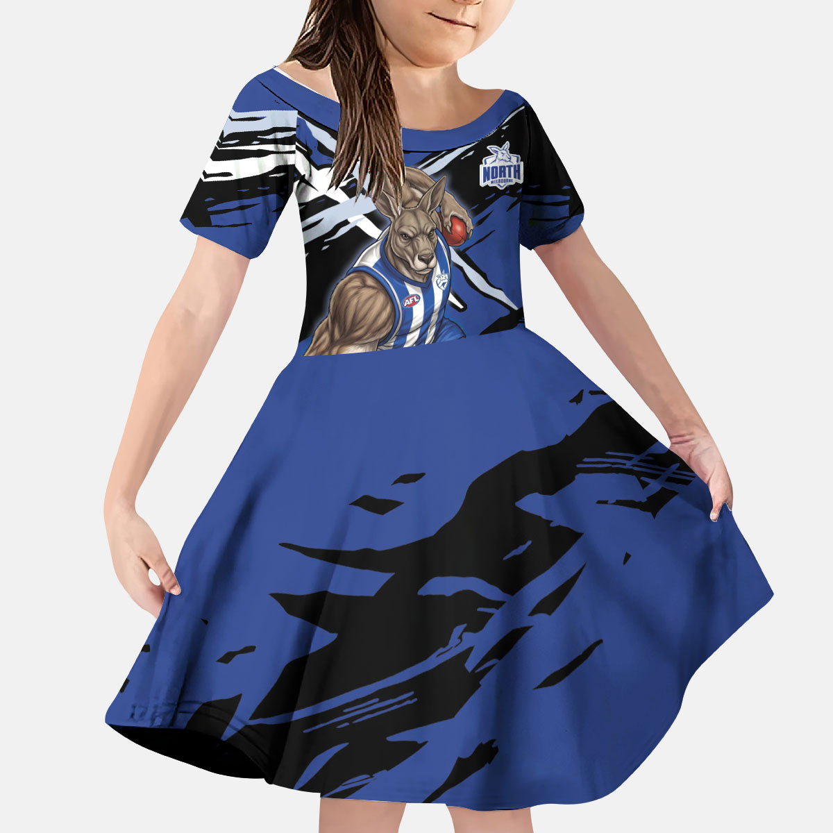 North Melbourne Football Club Kid Short Sleeve Dress Kangaroos Muscular Mascot Graphic - Abstract Paint Splatter Art