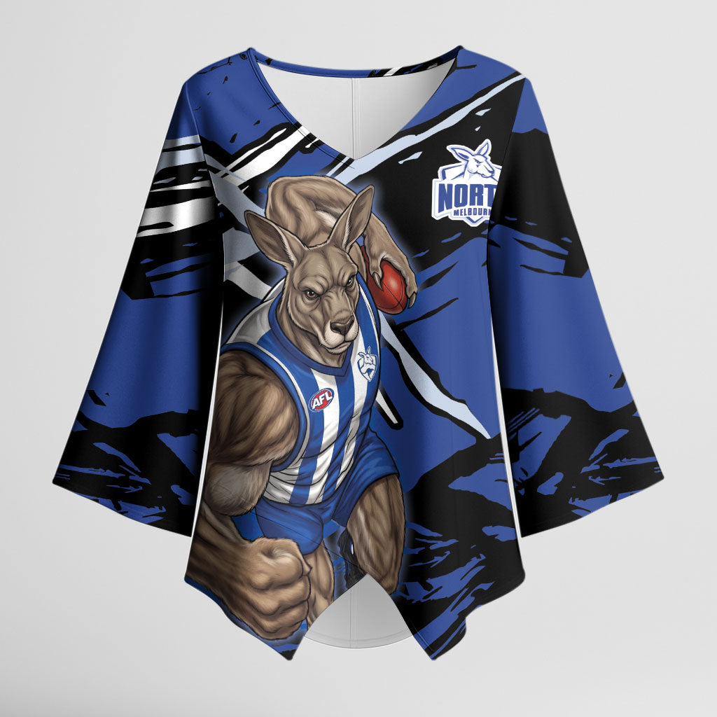 North Melbourne Football Club Kimono Sleeve Blouse Kangaroos Muscular Mascot Graphic - Abstract Paint Splatter Art