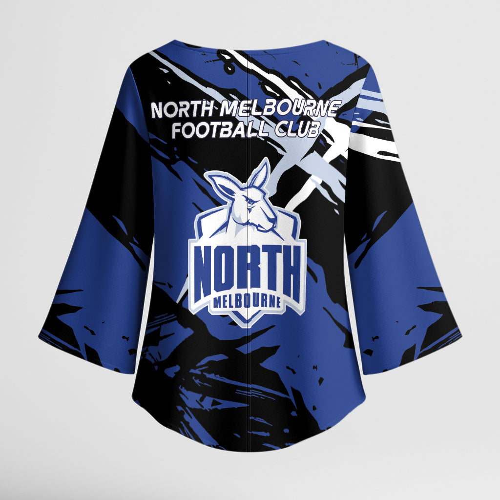 North Melbourne Football Club Kimono Sleeve Blouse Kangaroos Muscular Mascot Graphic - Abstract Paint Splatter Art