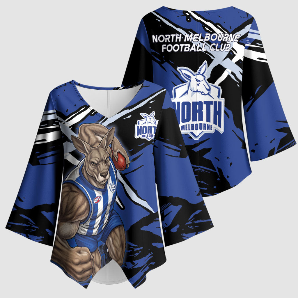 North Melbourne Football Club Kimono Sleeve Blouse Kangaroos Muscular Mascot Graphic - Abstract Paint Splatter Art