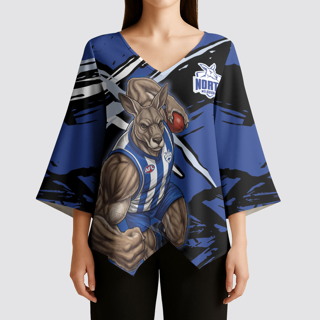 North Melbourne Football Club Kimono Sleeve Blouse Kangaroos Muscular Mascot Graphic - Abstract Paint Splatter Art