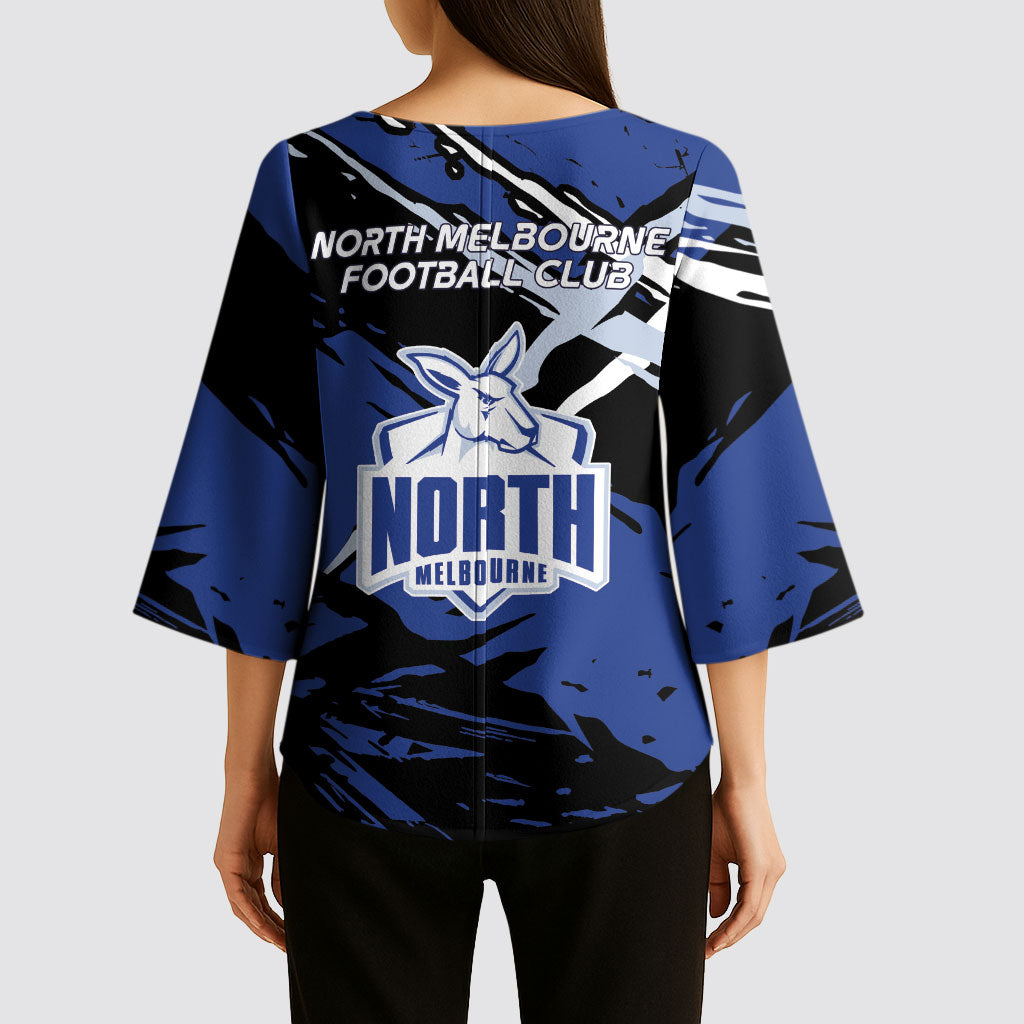 North Melbourne Football Club Kimono Sleeve Blouse Kangaroos Muscular Mascot Graphic - Abstract Paint Splatter Art