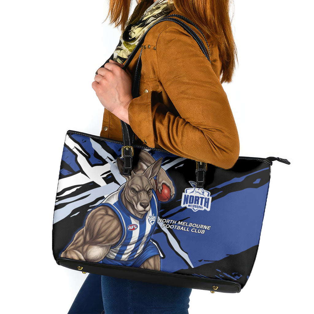 North Melbourne Football Club Leather Tote Bag Kangaroos Muscular Mascot Graphic - Abstract Paint Splatter Art