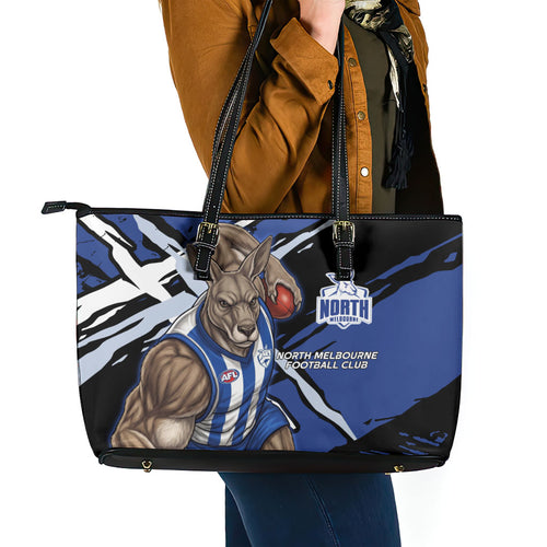 North Melbourne Football Club Leather Tote Bag Kangaroos Muscular Mascot Graphic - Abstract Paint Splatter Art
