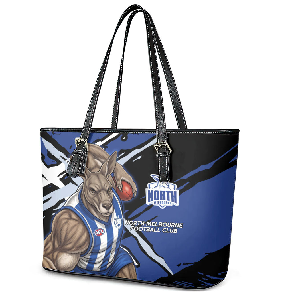 North Melbourne Football Club Leather Tote Bag Kangaroos Muscular Mascot Graphic - Abstract Paint Splatter Art