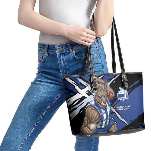 North Melbourne Football Club Leather Tote Bag Kangaroos Muscular Mascot Graphic - Abstract Paint Splatter Art