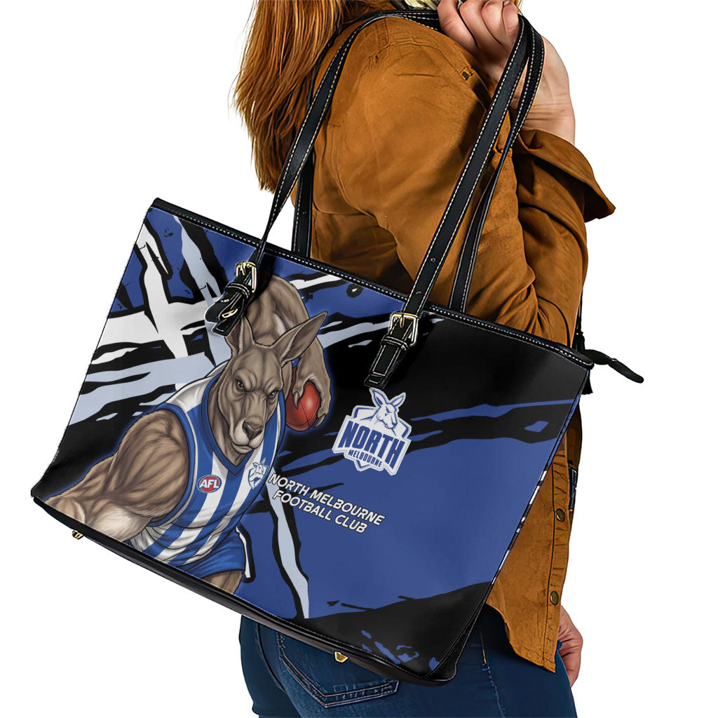 North Melbourne Football Club Leather Tote Bag Kangaroos Muscular Mascot Graphic - Abstract Paint Splatter Art