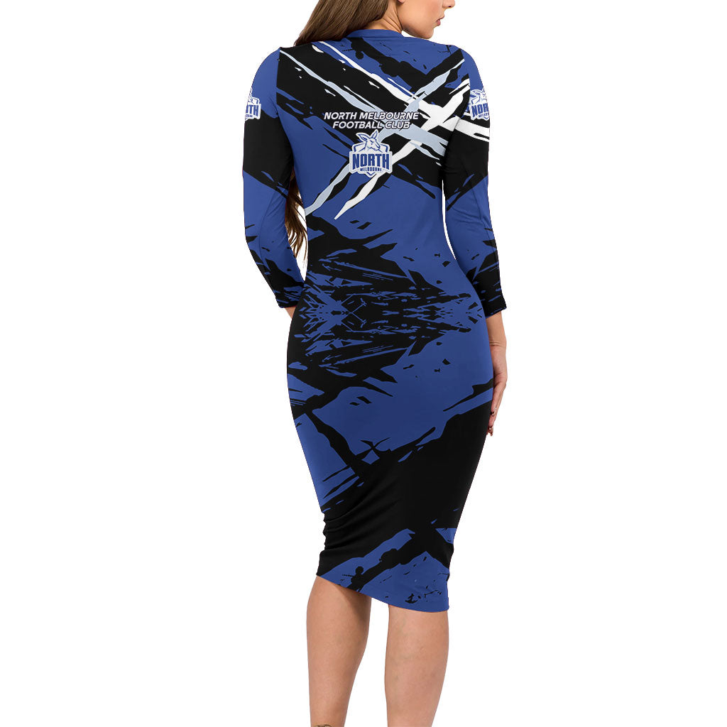 North Melbourne Football Club Long Sleeve Bodycon Dress Kangaroos Muscular Mascot Graphic - Abstract Paint Splatter Art