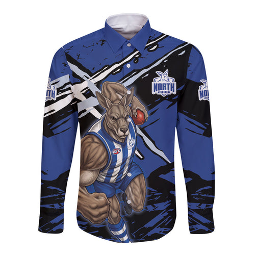 North Melbourne Football Club Long Sleeve Button Shirt Kangaroos Muscular Mascot Graphic - Abstract Paint Splatter Art