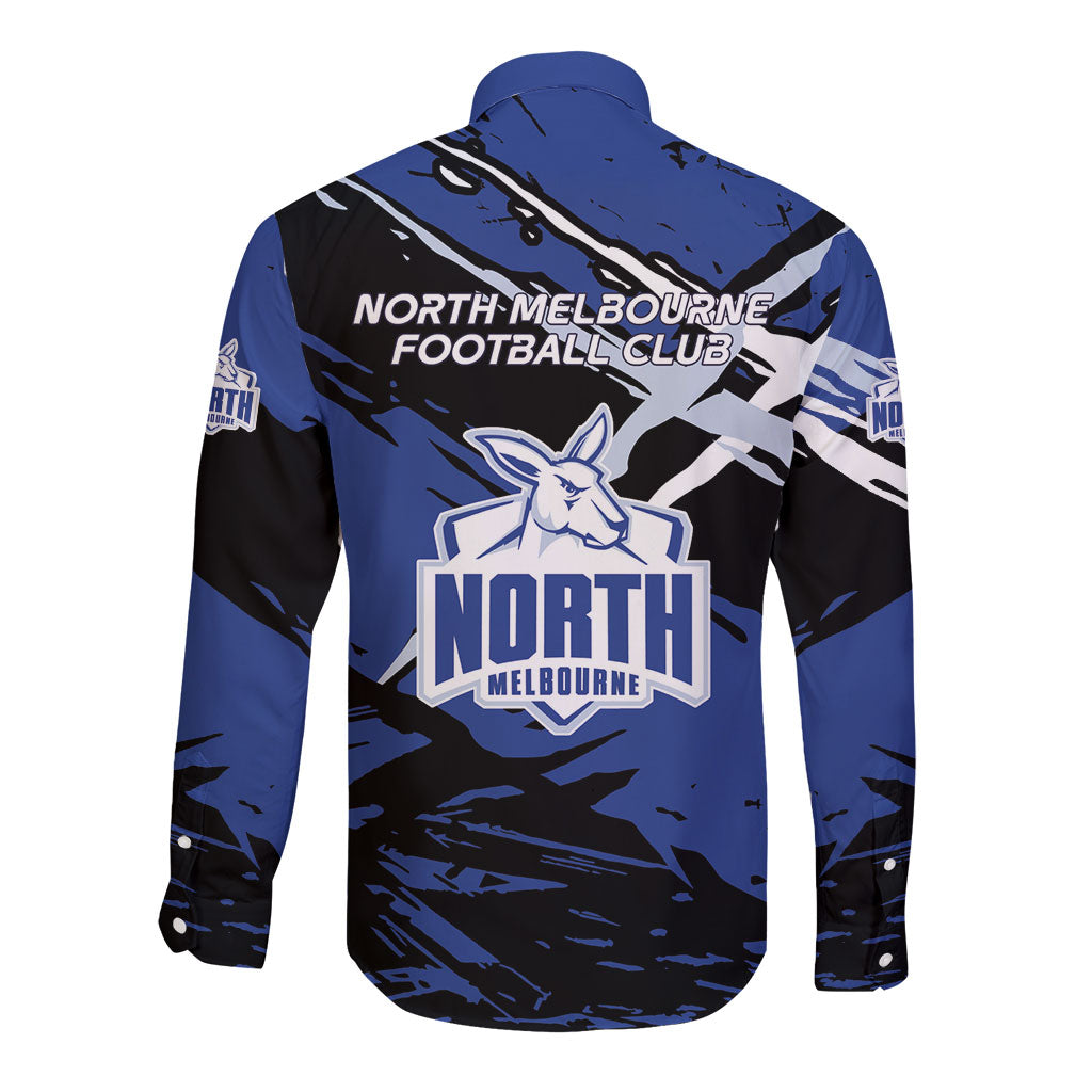 North Melbourne Football Club Long Sleeve Button Shirt Kangaroos Muscular Mascot Graphic - Abstract Paint Splatter Art