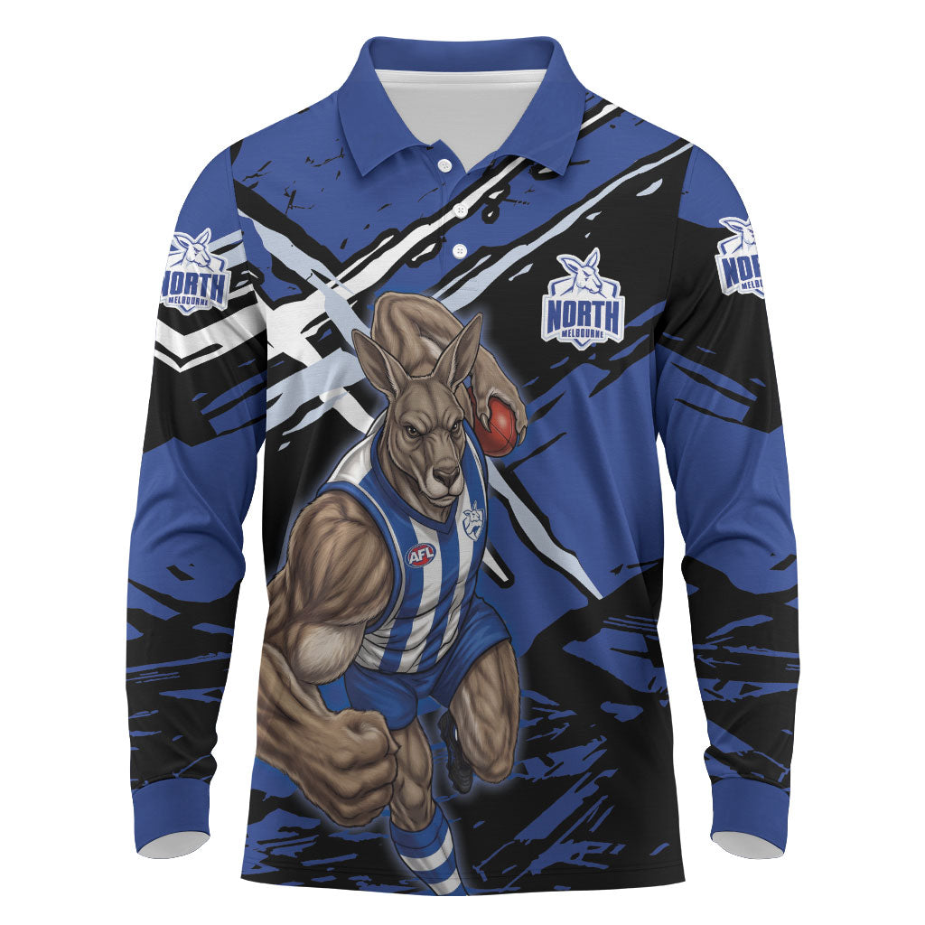 North Melbourne Football Club Long Sleeve Polo Shirt Kangaroos Muscular Mascot Graphic - Abstract Paint Splatter Art