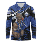 North Melbourne Football Club Long Sleeve Polo Shirt Kangaroos Muscular Mascot Graphic - Abstract Paint Splatter Art