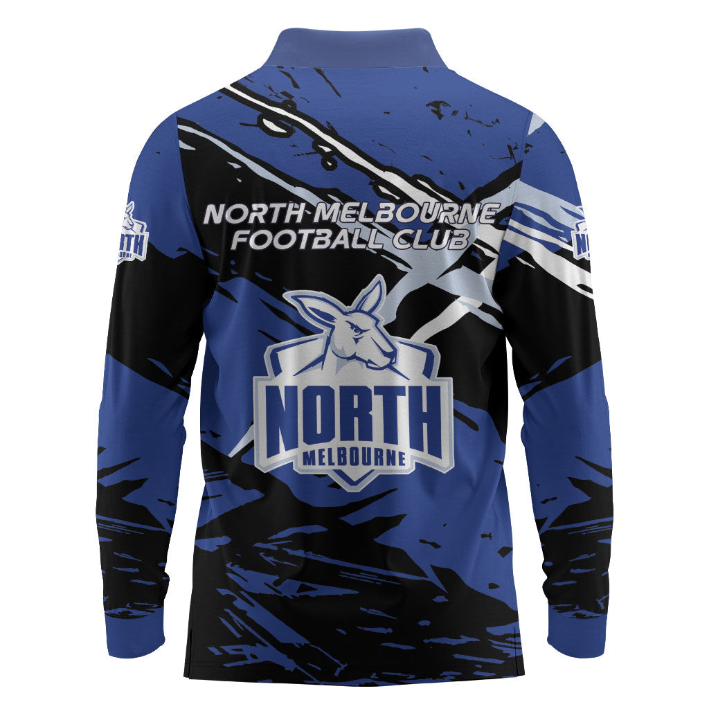 North Melbourne Football Club Long Sleeve Polo Shirt Kangaroos Muscular Mascot Graphic - Abstract Paint Splatter Art