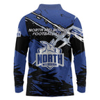 North Melbourne Football Club Long Sleeve Polo Shirt Kangaroos Muscular Mascot Graphic - Abstract Paint Splatter Art