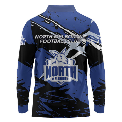 North Melbourne Football Club Long Sleeve Polo Shirt Kangaroos Muscular Mascot Graphic - Abstract Paint Splatter Art