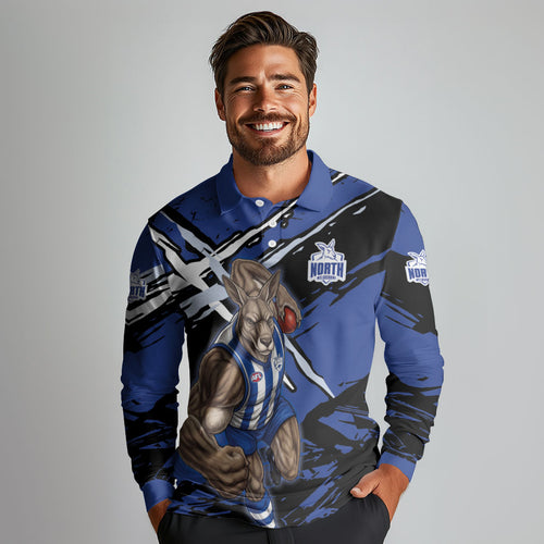 North Melbourne Football Club Long Sleeve Polo Shirt Kangaroos Muscular Mascot Graphic - Abstract Paint Splatter Art