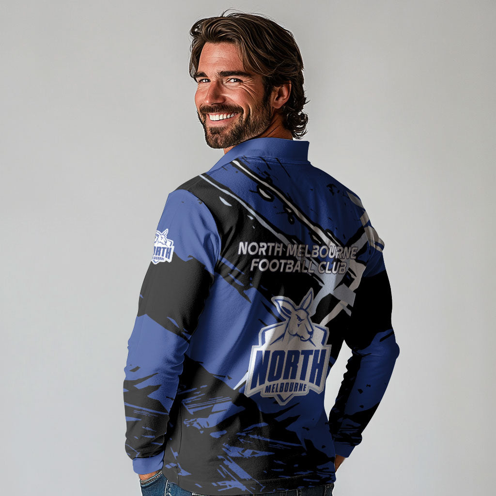 North Melbourne Football Club Long Sleeve Polo Shirt Kangaroos Muscular Mascot Graphic - Abstract Paint Splatter Art