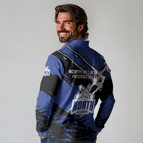 North Melbourne Football Club Long Sleeve Polo Shirt Kangaroos Muscular Mascot Graphic - Abstract Paint Splatter Art