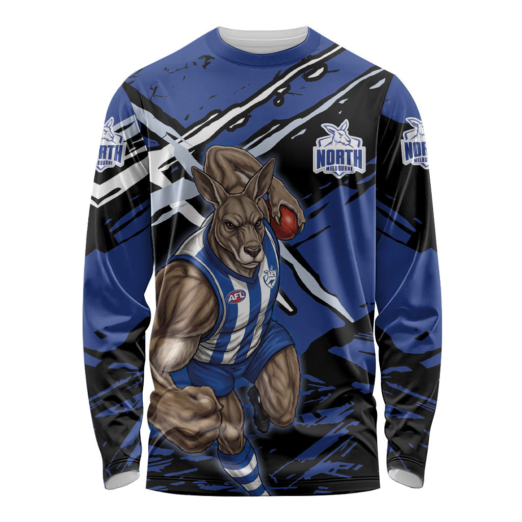 North Melbourne Football Club Long Sleeve Shirt Kangaroos Muscular Mascot Graphic - Abstract Paint Splatter Art