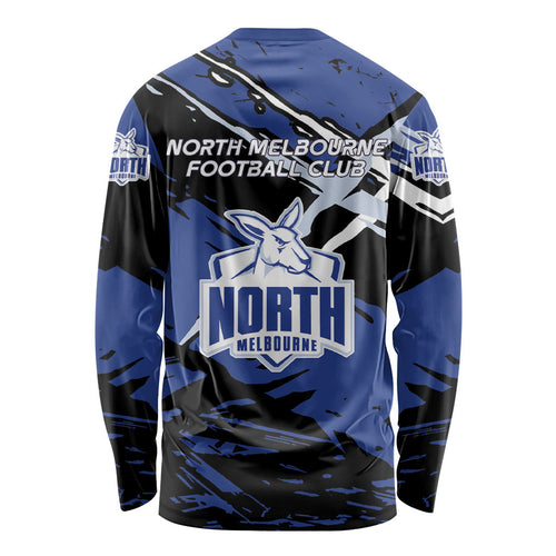 North Melbourne Football Club Long Sleeve Shirt Kangaroos Muscular Mascot Graphic - Abstract Paint Splatter Art