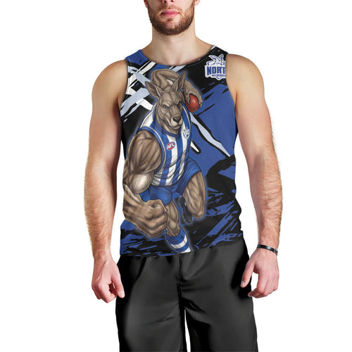 North Melbourne Football Club Men Tank Top Kangaroos Muscular Mascot Graphic - Abstract Paint Splatter Art