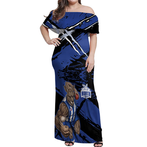 North Melbourne Football Club Off Shoulder Maxi Dress Kangaroos Muscular Mascot Graphic - Abstract Paint Splatter Art