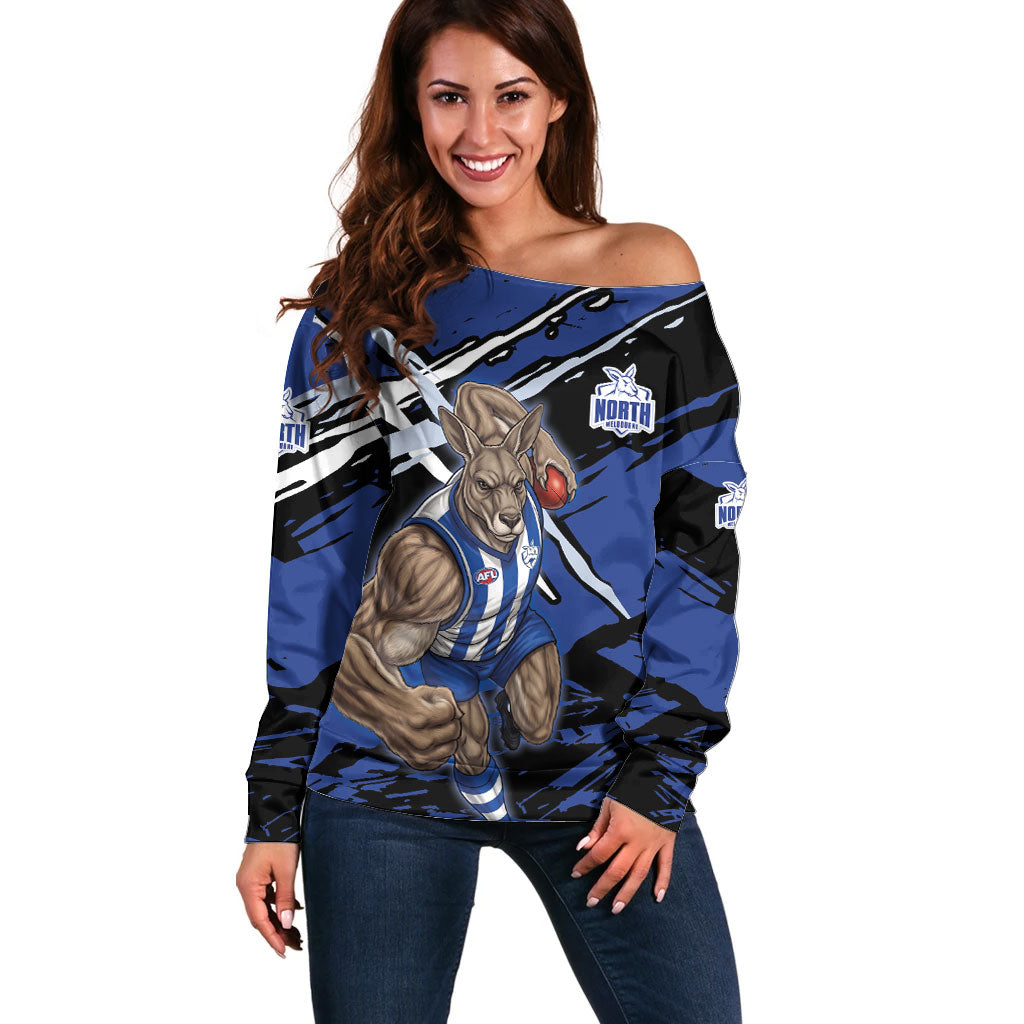 North Melbourne Football Club Off Shoulder Sweater Kangaroos Muscular Mascot Graphic - Abstract Paint Splatter Art