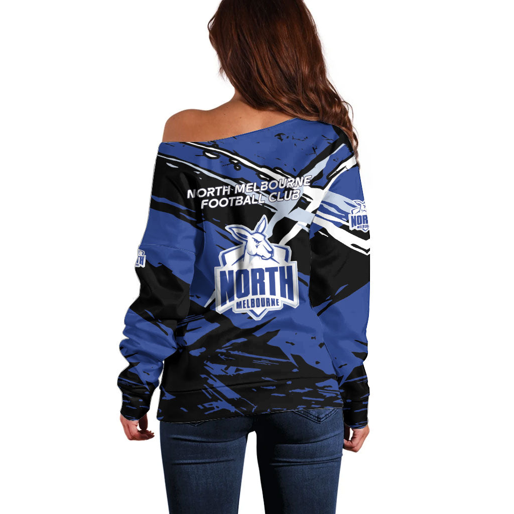 North Melbourne Football Club Off Shoulder Sweater Kangaroos Muscular Mascot Graphic - Abstract Paint Splatter Art