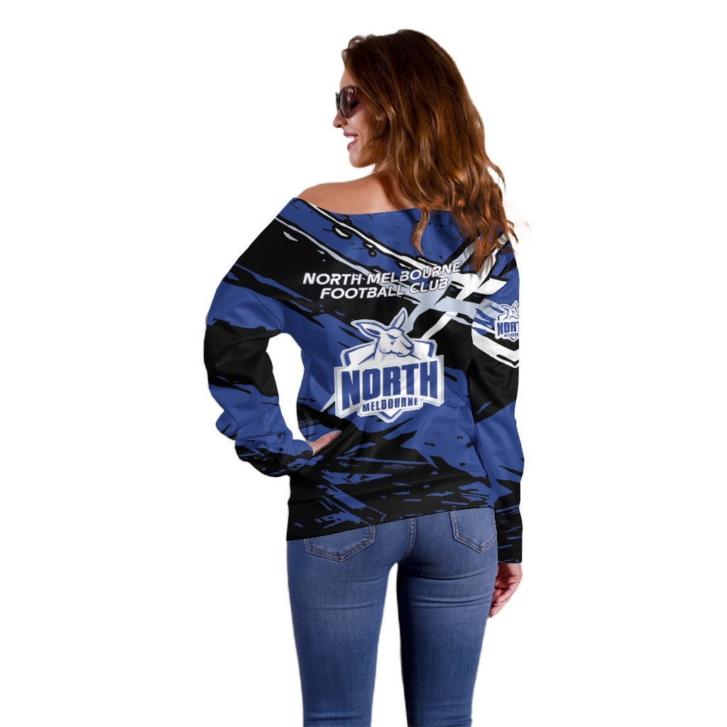 North Melbourne Football Club Off Shoulder Sweater Kangaroos Muscular Mascot Graphic - Abstract Paint Splatter Art